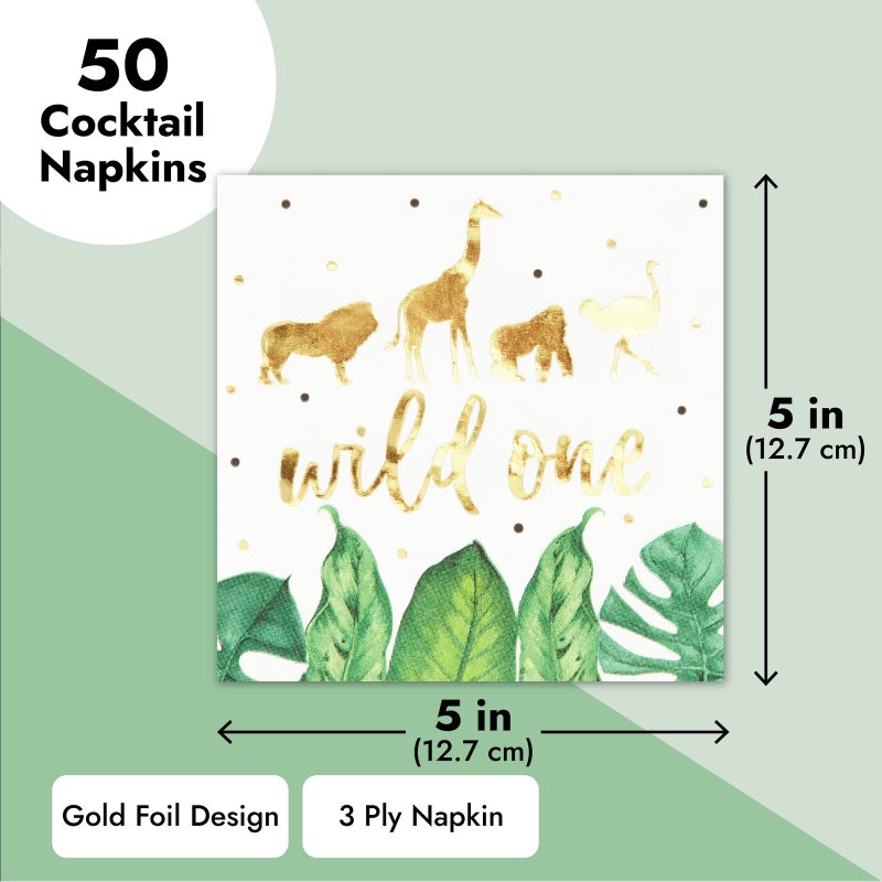 Sparkle and Bash 50 Pack Wild One Napkins for Jungle Safari First Birthday Party Supplies, Animal Print Napkins for Boys or Girls Party, Green Leaves with Gold Foil Accents (5 x 5 In) - Image 4